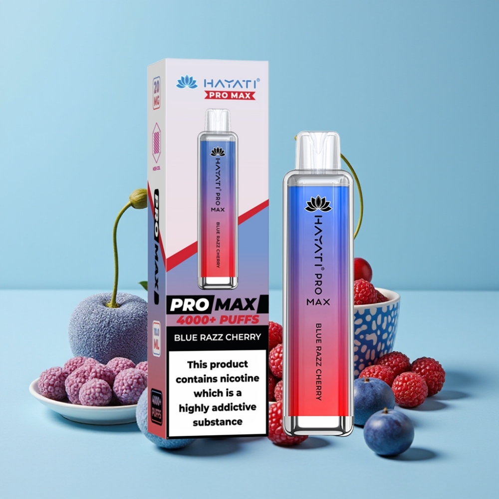 Hayati Pro Max 4000 Puffs Blå Bringebær Kirsebær Disposable Vape med 1400mAh batteri og LED-lys