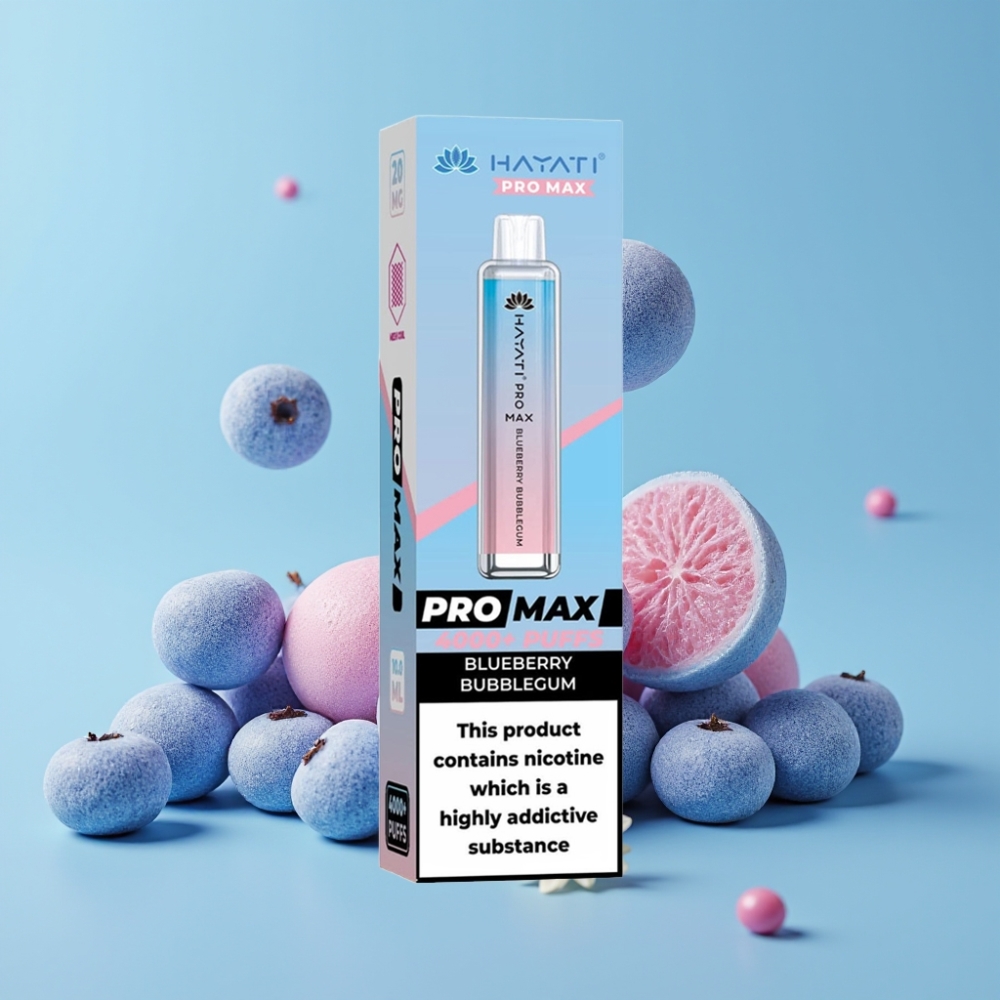 Hayati Pro Max 4000 Puffs Blåbær Tyggegummi 1400mAh Rechargeable LED Crystal