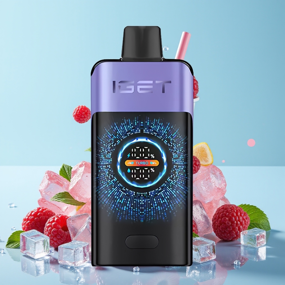 IGET ONE 12000 Puffs Disposable Vape Bringebær Drue Is med 2700 mAh Batteri og Stort Kurvet Fargeskjerm