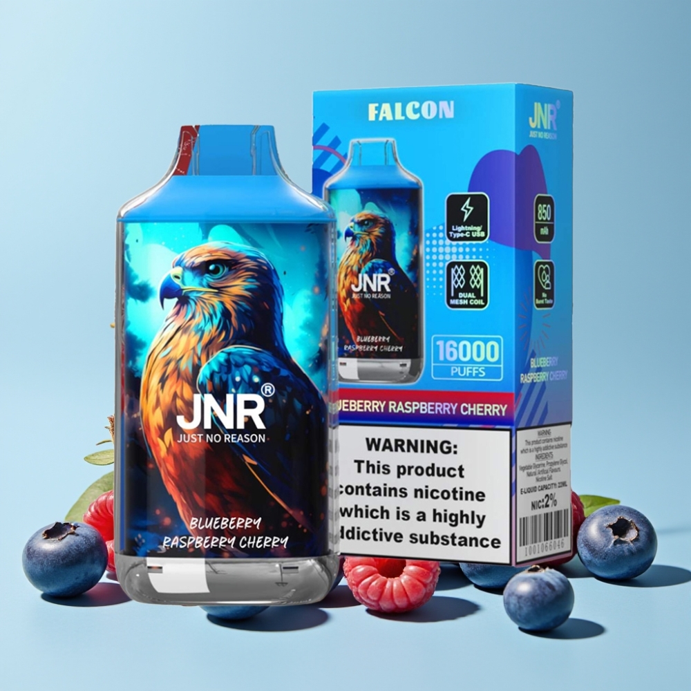 JNR Falcon 16000 Puffs 22ml Blåbær Bringebær Kirsebær Dual Mesh Coil Smart LED