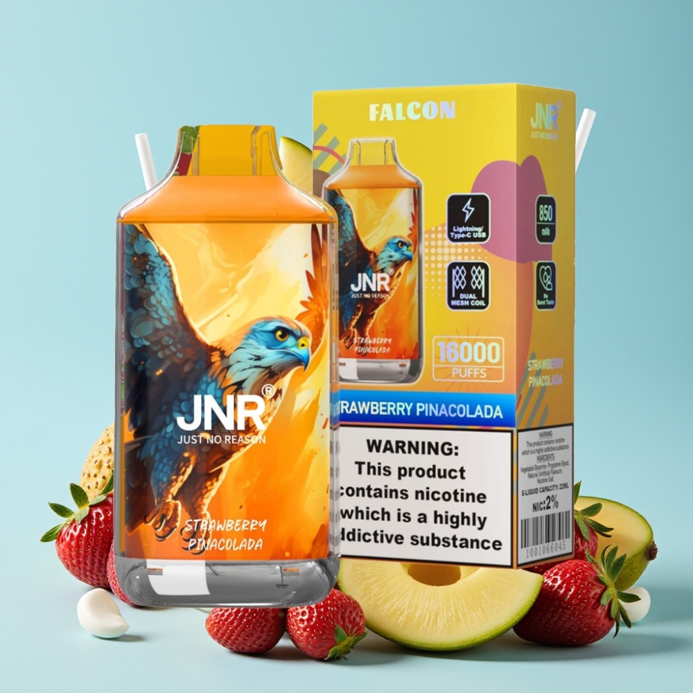 JNR Falcon 16000 Puffs 850mAh 22ml Dual Mesh Coil Type C/Lightning Smart LED Jordbær Pina Colada