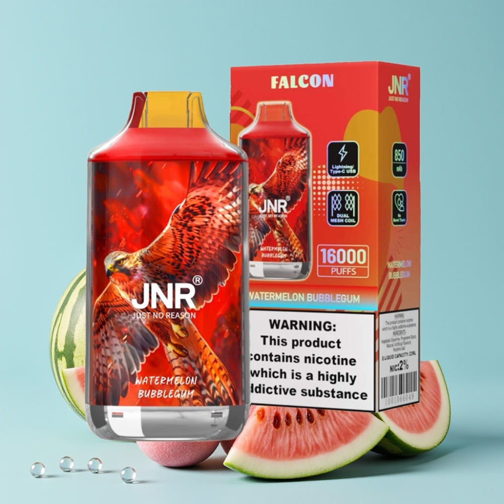 JNR Falcon 16000 Puffs 850mAh 22ml Dual Mesh Coil Type C/Lightning Smart LED Vannmelon Bubblegum