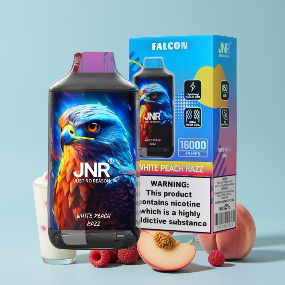 JNR Falcon 16000 Puffs 850mAh 22ml Hvit Fersken Razz Dual Mesh Coil Smart LED