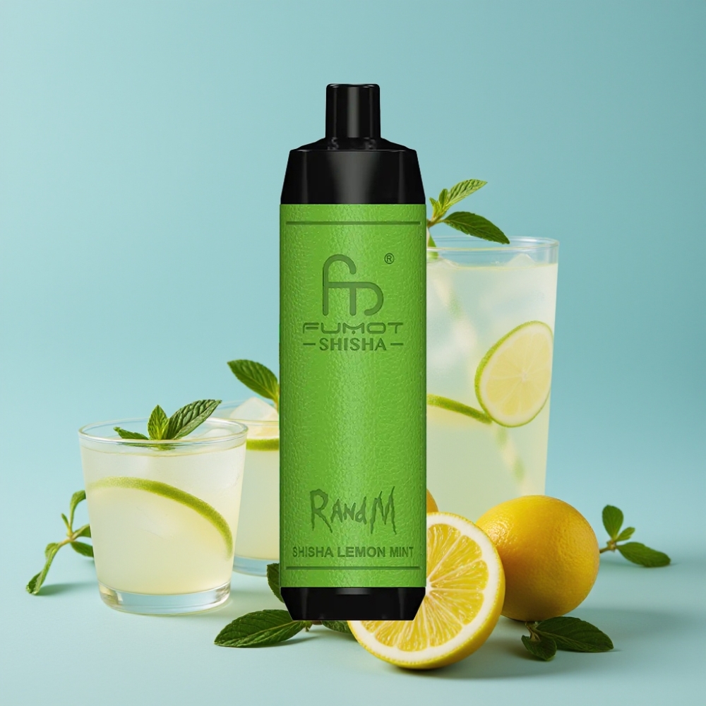 RandM Fumot Shisha 10000 Puffs Opplagelig Vape Shisha Sitronmynte med LED, Type-C, 0,6ohm Mesh Coil