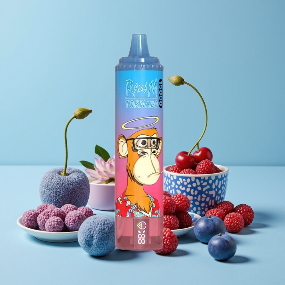 RandM Fumot Tornado 15000 Puffs Blå Bringebær Kirsebær 25ml 850mAh Type-C LCD