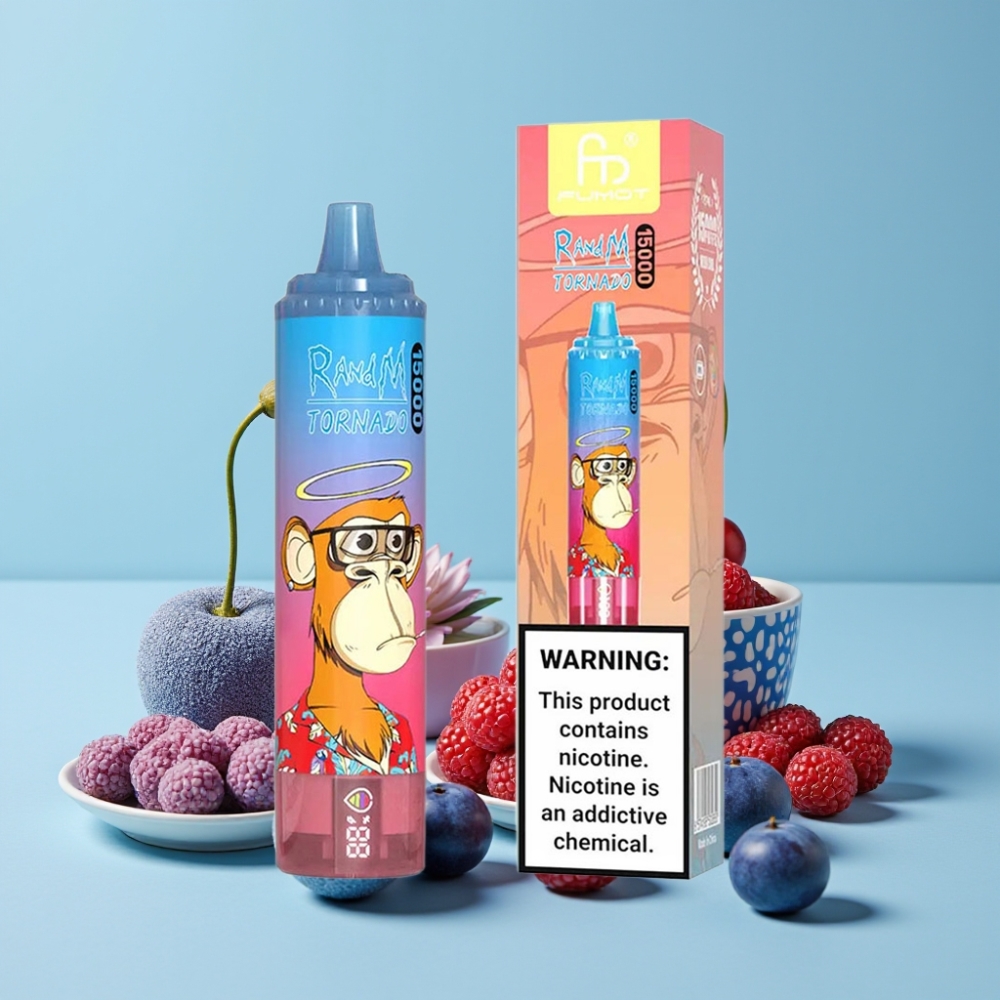 RandM Fumot Tornado 15000 Puffs Blå Bringebær Kirsebær 25ml 850mAh Type-C LCD