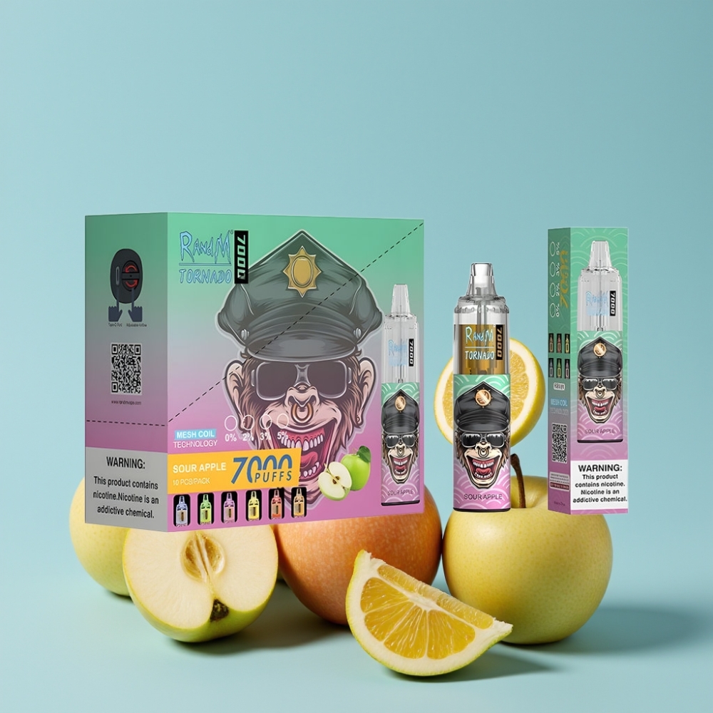 RandM Fumot Tornado 7000 E-likvæske 14 ML Batteri 850 MAH Sur Eple
