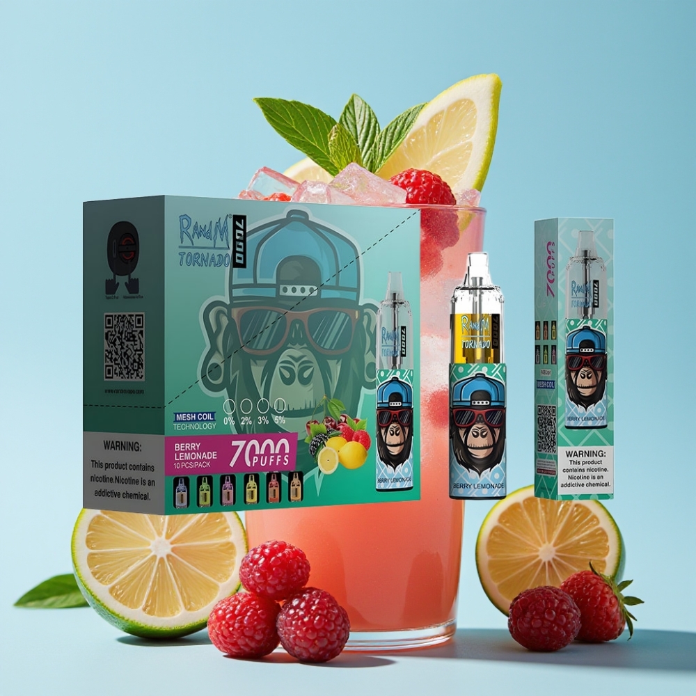 RandM Fumot Tornado 7000 Puffs 14ML Bær Sitronade Mesh Coil Type-C RGB Luftjustering