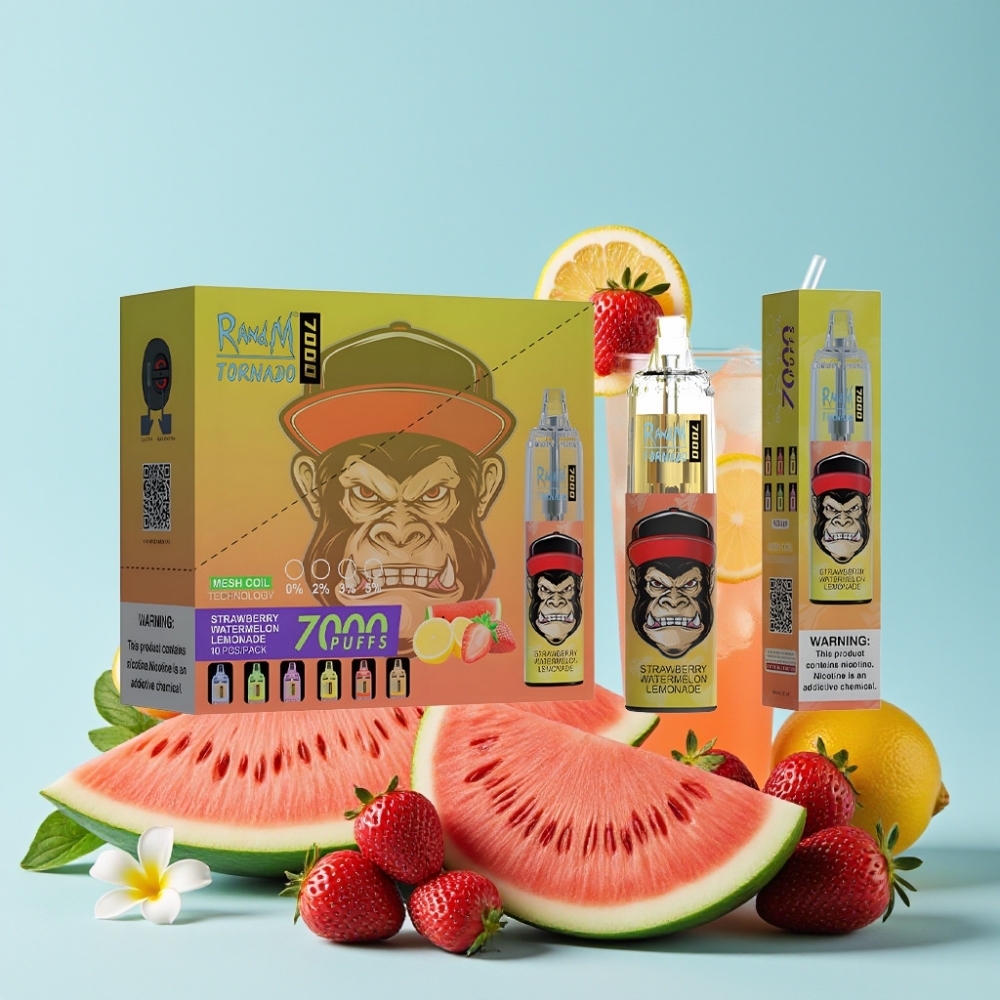 RandM Fumot Tornado 7000 Puffs 14ML E-liquid Jordbær Vannmelon Lemonade Type-C RGB