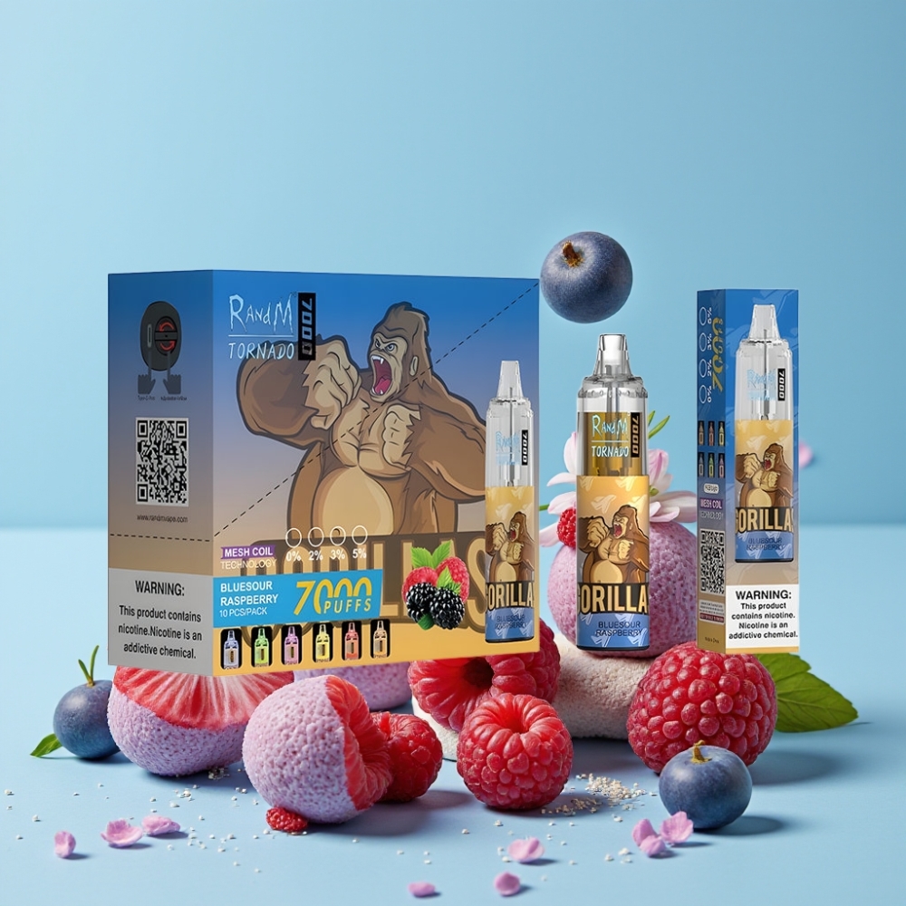 RandM Fumot Tornado 7000 Puffs 14 ML 850 MAH Type-C RGB Air-Adjustable Blåsur Bringebær