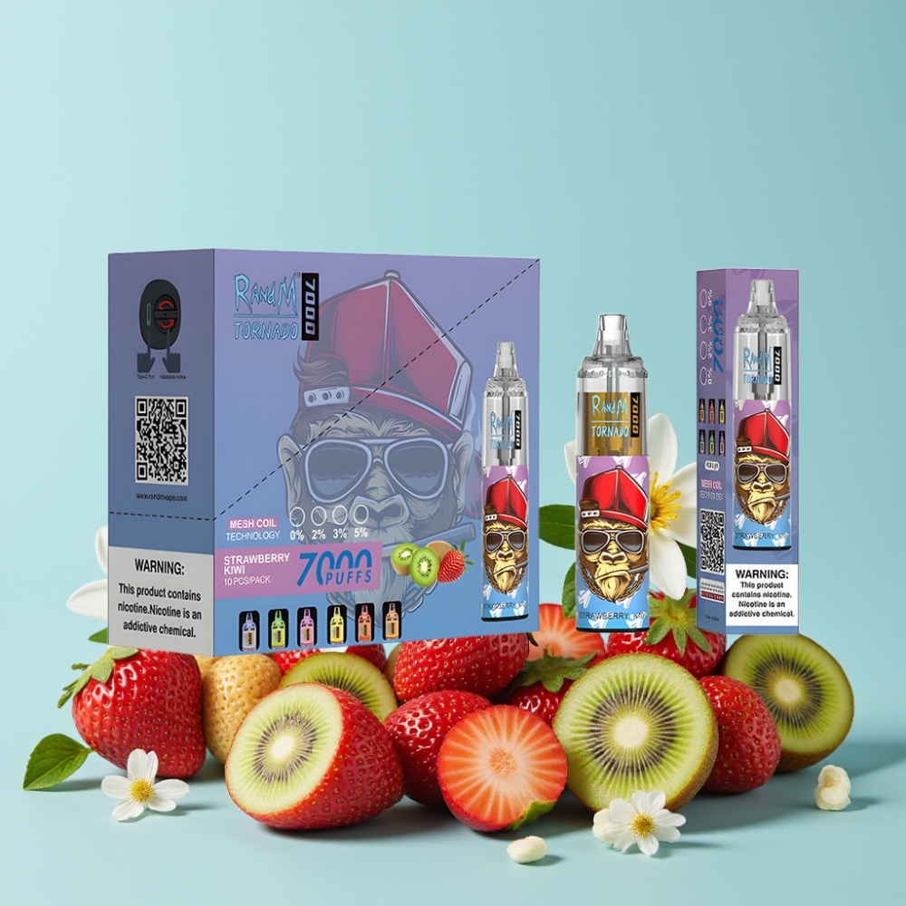 RandM Fumot Tornado 7000 Puffs 14 ML E-liquid Mesh Coil Jordbær Kiwi