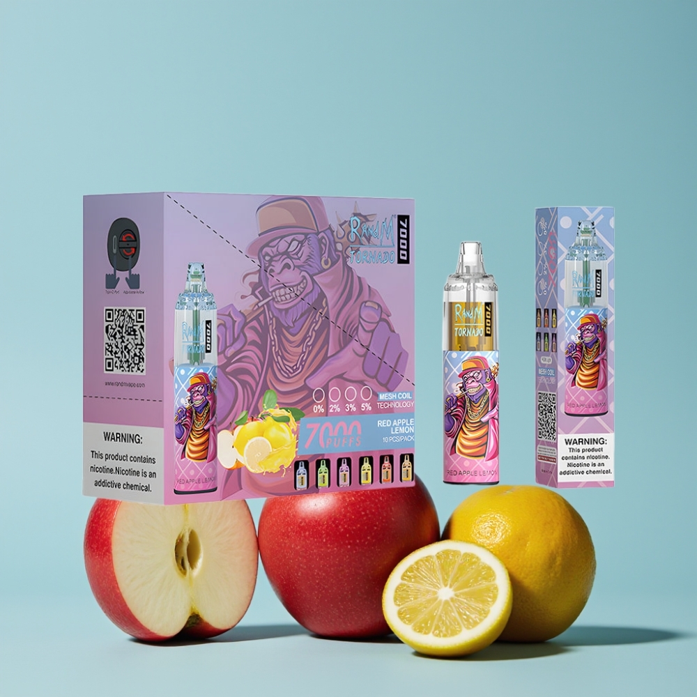 RandM Fumot Tornado 7000 Puffs 14 ML Rødt Eple Sitron Type-C RGB Luftjustering