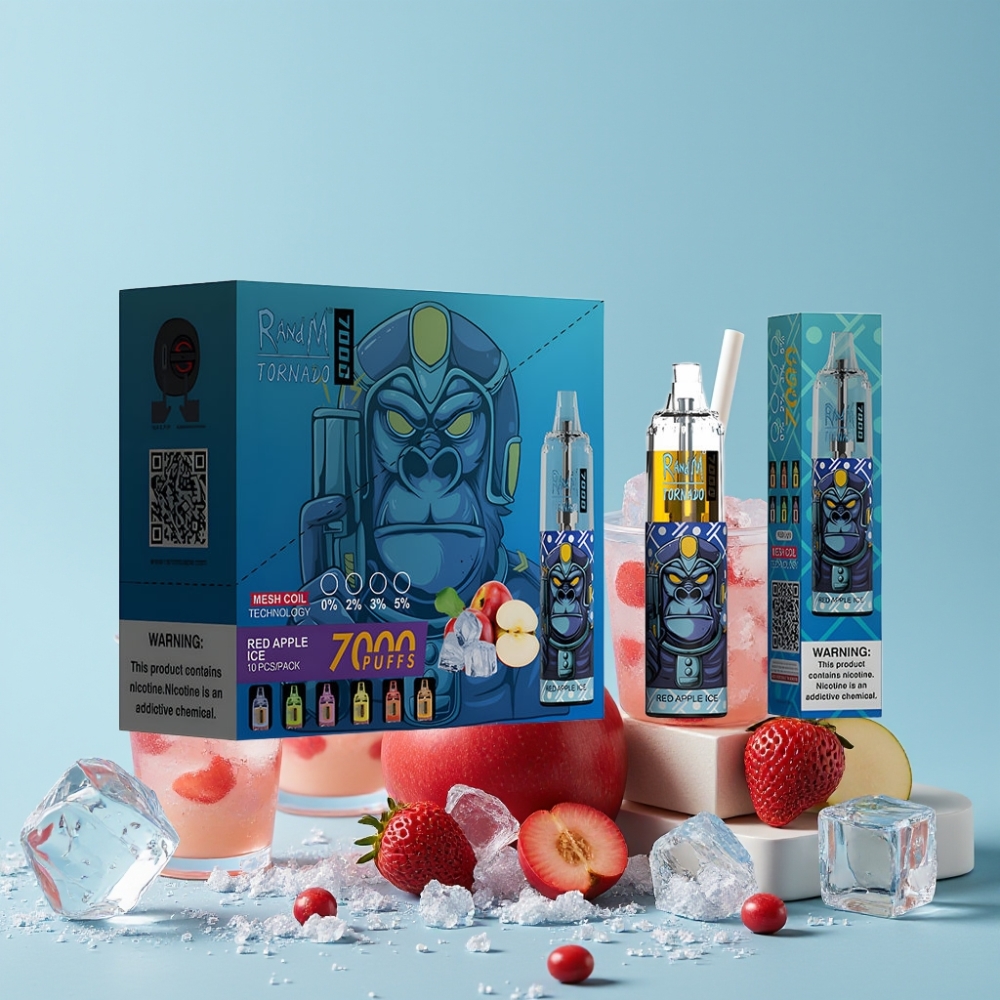 RandM Fumot Tornado 7000 Puffs 14 ML Type-C RGB Rød Eple Is Luftjusterbar