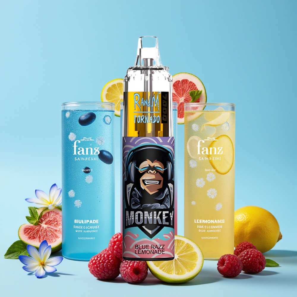RandM Fumot Tornado 7000 Puffs Blå Bringebær Lemonade 14 ML Mesh Type-C RGB Luftjusterbar