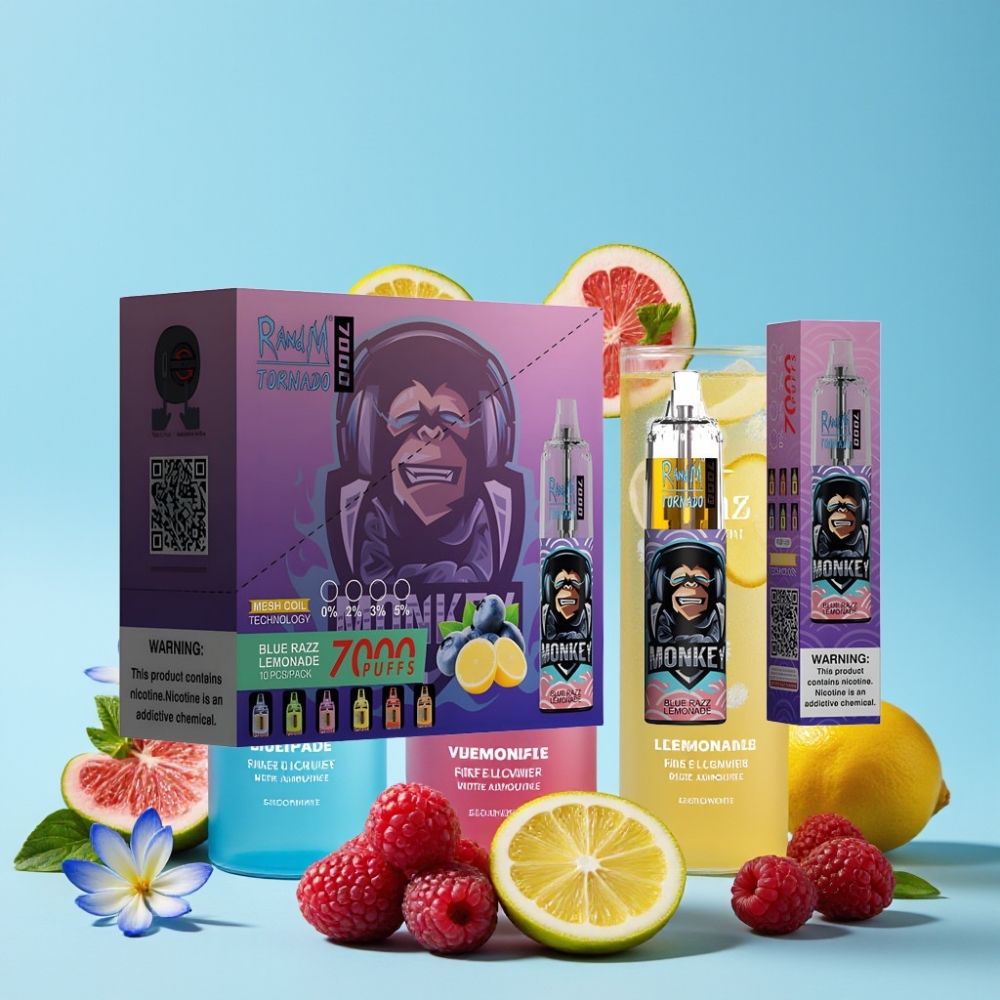 RandM Fumot Tornado 7000 Puffs Blå Bringebær Lemonade 14 ML Mesh Type-C RGB Luftjusterbar