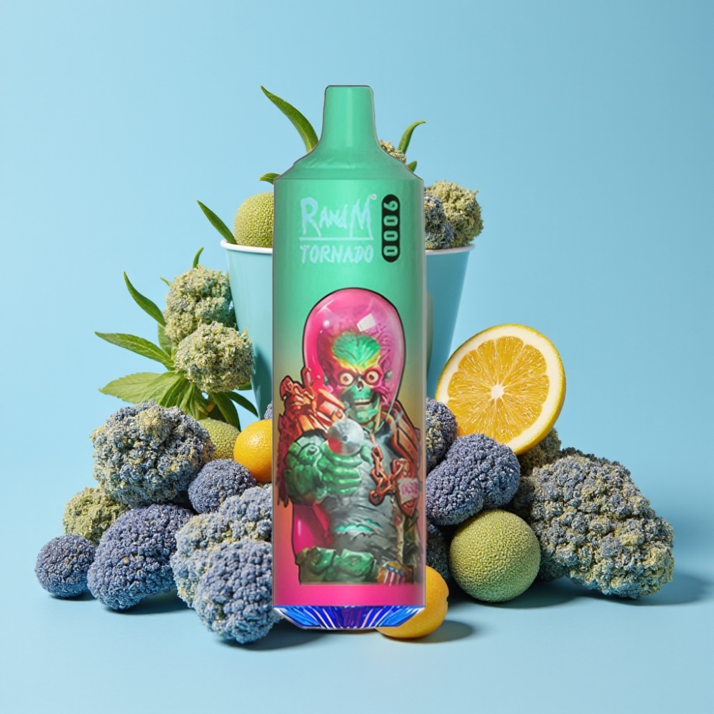 RandM Tornado 9000 Puffs 18 mL Blå Razz Kush Mesh Coil RGB Display