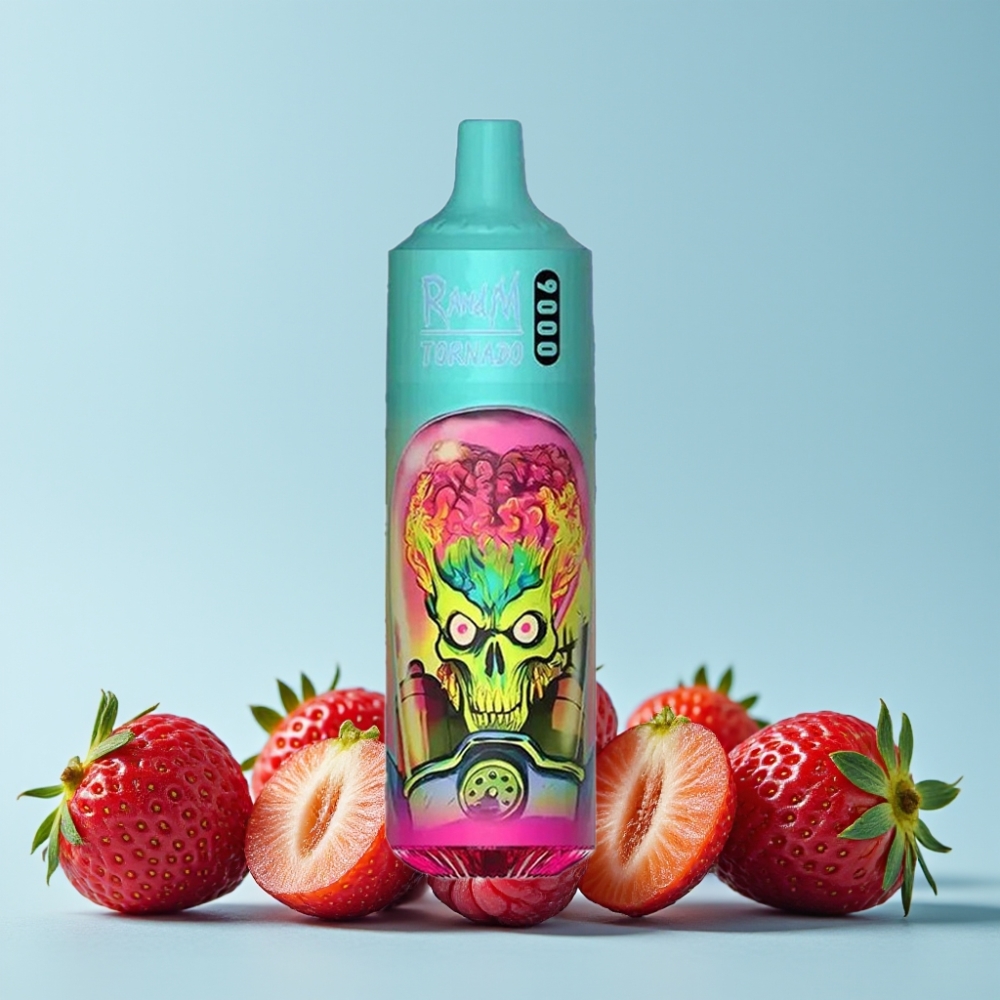 RandM Tornado 9000 Puffs 18 mL Mesh Coil RGB Display Jordbær Bringebær