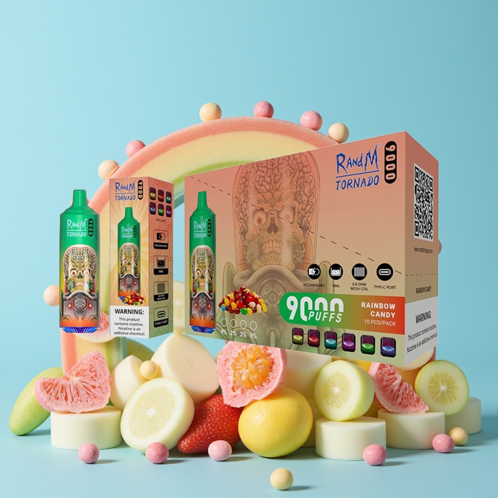 RandM Tornado 9000 Puffs 18 mL Regnbue Godteri RGB Skjerm Mesh Coil