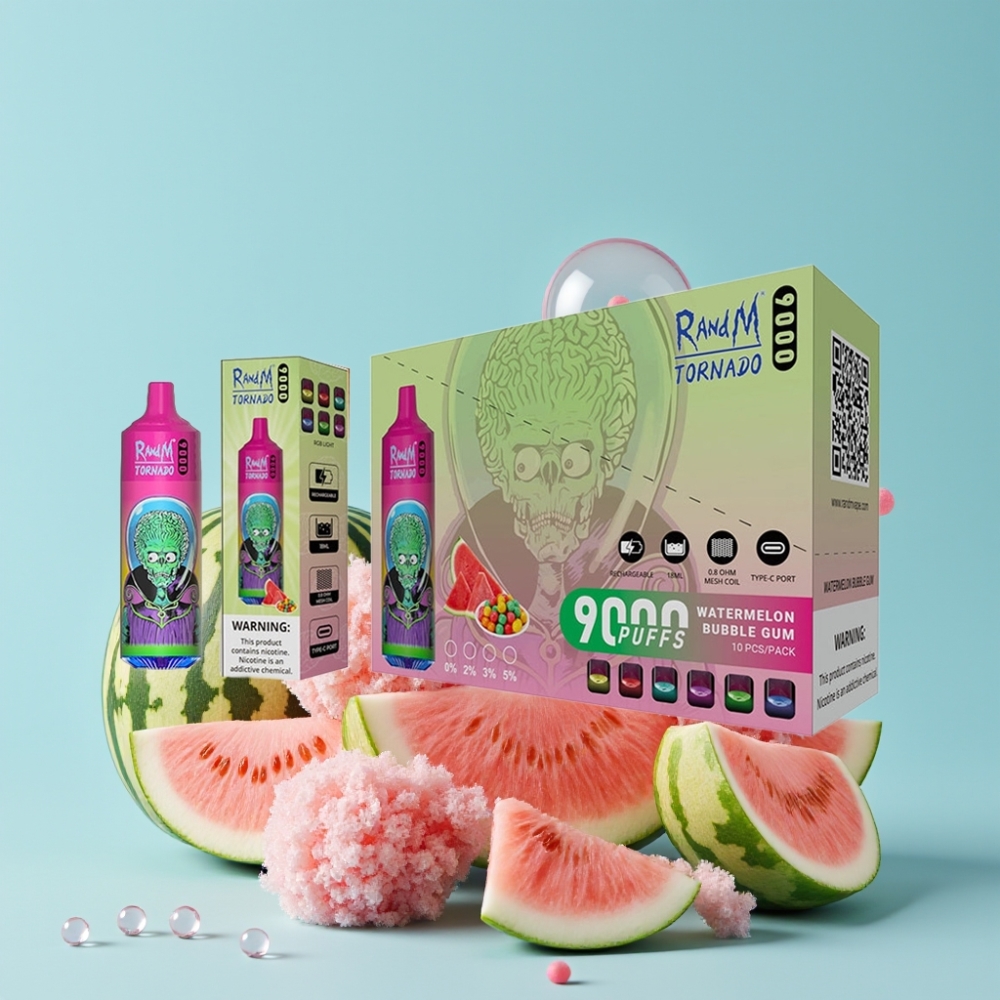 RandM Tornado 9000 Puffs 18 mL Vannmelon Tyggegummi Mesh Coil RGB Display