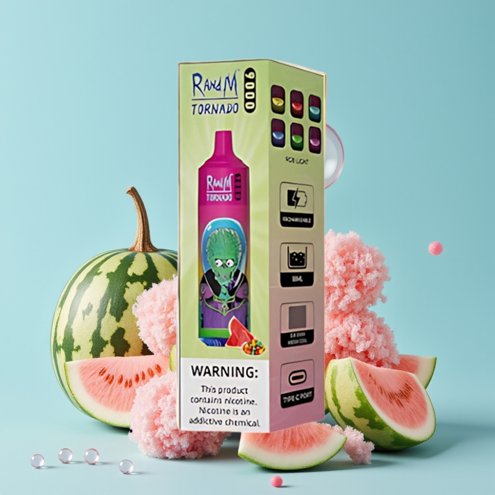 RandM Tornado 9000 Puffs 18 mL Vannmelon Tyggegummi Mesh Coil RGB Display