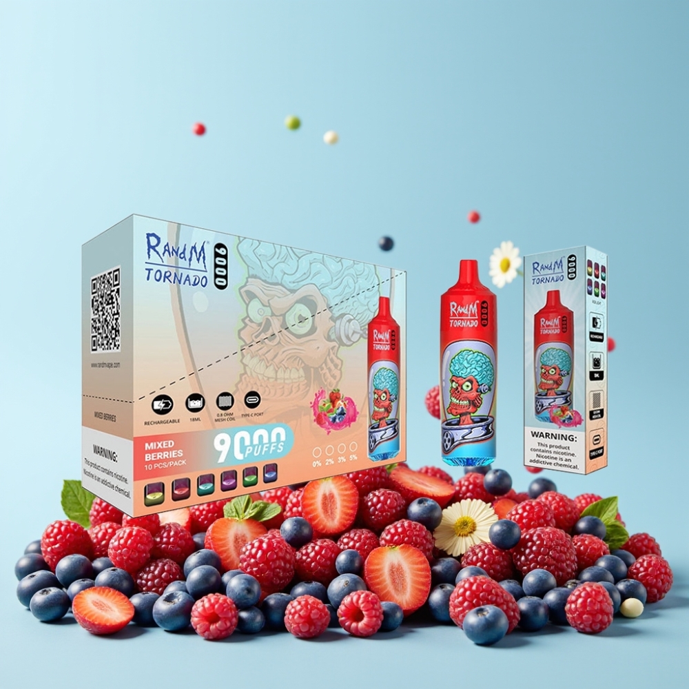 RandM Tornado 9000 Puffs 850 mAh 18 mL Mesh Coil RGB Display Blandede Bær