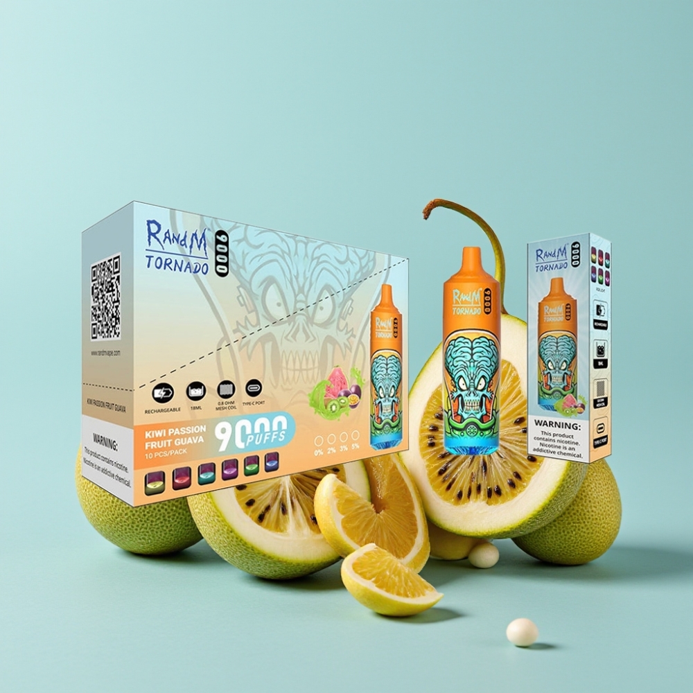 RandM Tornado 9000 Puffs 850 mAh 18 mL Mesh Coil RGB Kiwi Pasjonsfrukt Guava