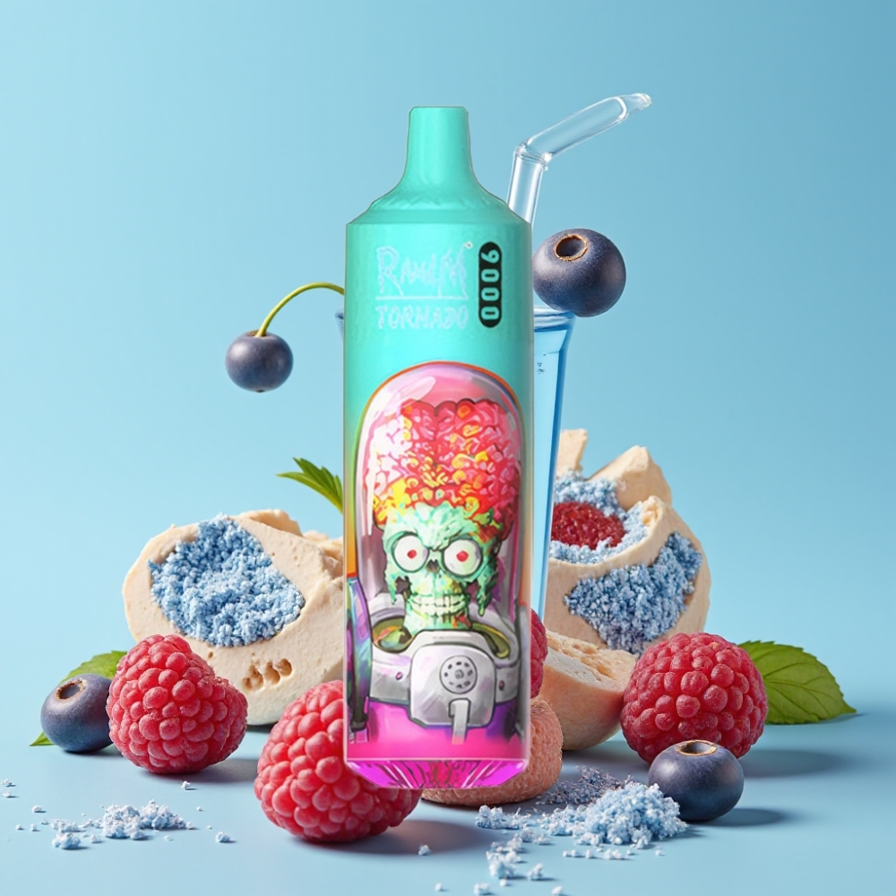 RandM Tornado 9000 Puffs 850 mAh Gjenoppladbar Blå Sur Bringebær Mesh Coil RGB-skjerm