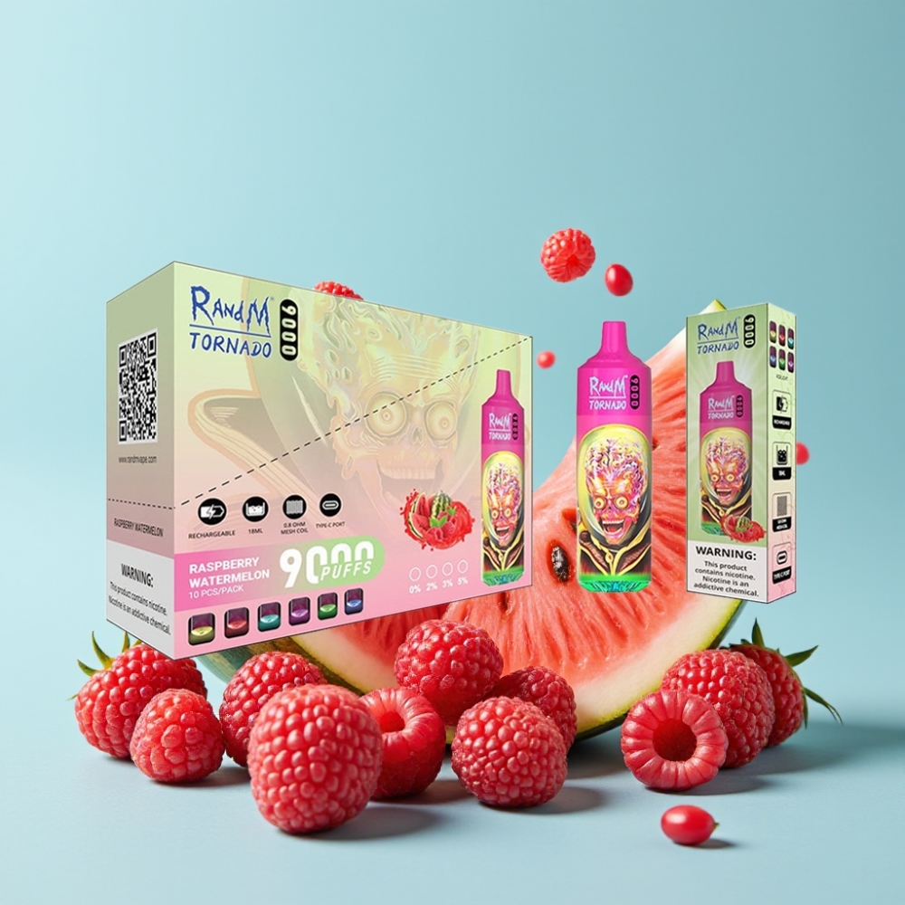 RandM Tornado 9000 Puffs 850mAh 18mL Mesh Coil RGB Bringebær Vannmelon