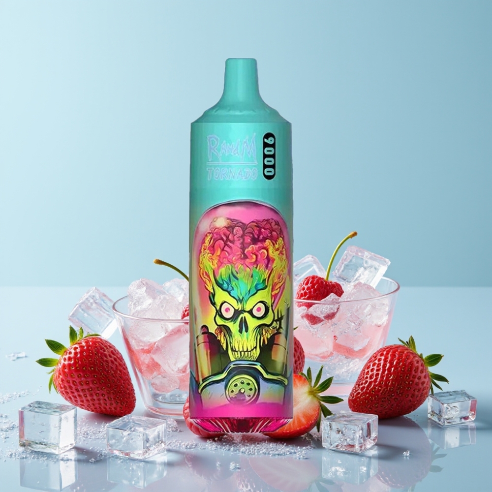 RandM Tornado 9000 Puffs 850mAh 18mL Mesh Coil RGB Jordbær Bringebær Kirsebær Is